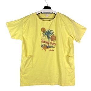 Vintage Navarre Beach Florida Coverall Shirt Womens Pockets Graphic Yellow OSFA‎